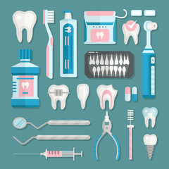 Health care dentist medical tools medicine instrument stomatology icons implantation clinic vector illustration.