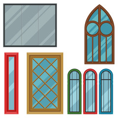 Different types house windows elements flat style frames construction decoration apartment vector illustration.