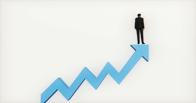 4k businessman standing on the top of 3d blue positive trend arrow.