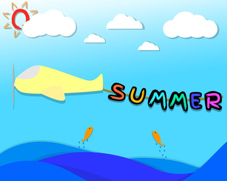 Summer character hang on the rope that bind be hide the airplane. airplane flying over the sea in the sky with cloud and sun . summer season. picture for kids. illustration. vector. graphic design.