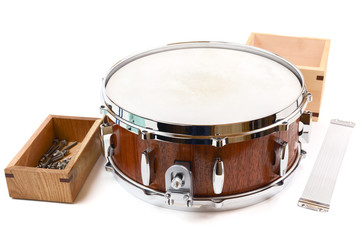 Brand new handmade wooden drum and spare parts in wooden box and snare wire