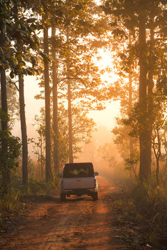 Old Pickup Truck Running On Gravel Road