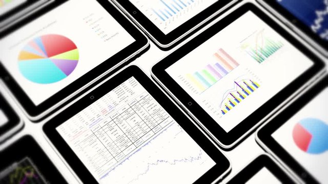 4k Mobile devices,finance pie charts & stock trend diagrams in the ipad.