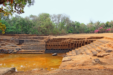 Restored pond with carved niches of 15 th century Sri Saptakoteshwar Temple built by Kadamba Kings...