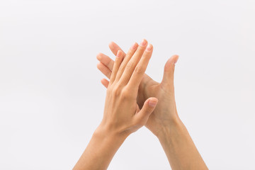 Female hands on a white background. Gestures