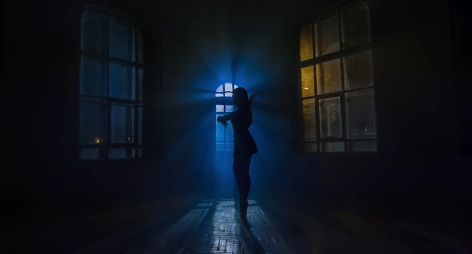 Girl in pointes dances against the window in moonlight. Silhouette