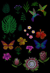 Custom tropic flower design. Set isolated exotic flower leaves plant, hummingbird butterfly. Monstera palm hibiscus petunia protea vintage embroidery patch sticker vector illustration