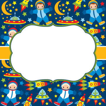 Vector Card Template with a Frame on a Space Background. Vector Astronauts and Space Elements.