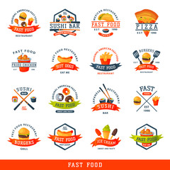 Colorful cartoon fast food label logo isolated restaurant tasty american cheeseburger badge mea meal vector illustration.