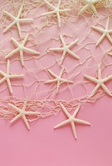 White fishing net and white starfish on a pink gradient background. 