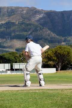 Rear view of batsman playing cricket at field