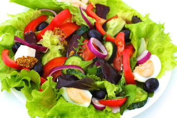 Salad of fresh vegetables and herbs on the table in the plate