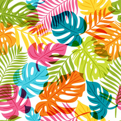 Naklejka premium Wektorowy bezszwowy wzór z multicolor drzewko palmowe liśćmi. Lato tropikalny tło. Modny wzór do nadruku na tkaninach i tkaninach.