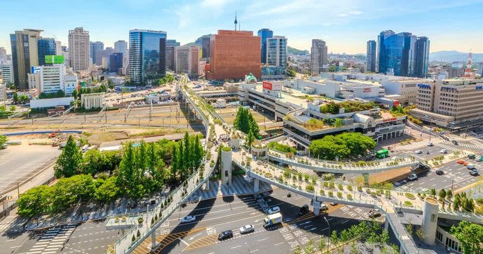 Aerial shot of traffic and architecture in Seoul Station,Seoul City South Korea