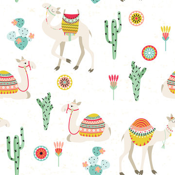 Seamless pattern with camels and cactuses