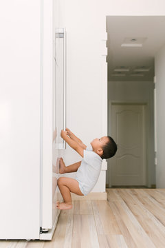 Toddler boy hanging on to door of the fridge