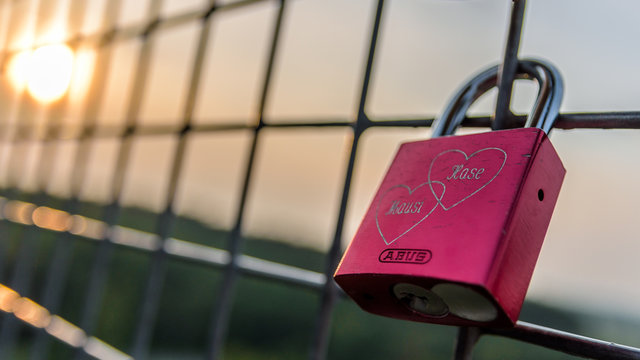 Red Love Lock at observation deck, Scharnebeck twin ship lift (Hasi and Mausi, German Nicknames for a partner)