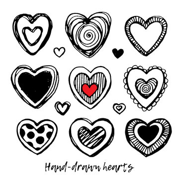 Hand-drawn hearts. Line art icons for Valentine's Day, wedding, and birthday card.