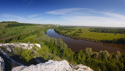 Panoramic view of the river Don from the mountain from the chalk in central Russia.