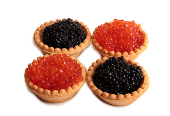 Fish eggs and bread on white background