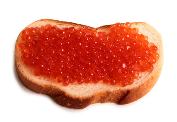Fish eggs and bread on white background