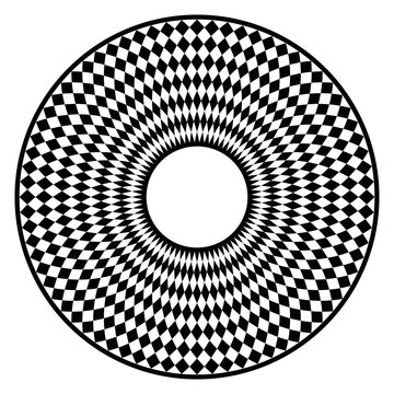 Circular Checkerboard Pattern. Disc With Black Chequered Pattern In A Circle With Rhomboid Tiling. Creates An Optical Illusion As If The Pattern Were Moving. Illustration On White Background. Vector.