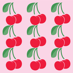 Cute cherry pattern. Good for textile, wrapping, wallpapers.  Sweet red ripe cherries isolated on color background. Vector illustration. EPS10