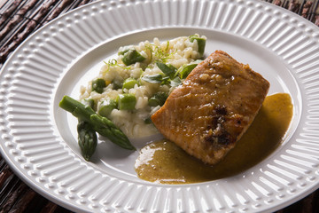 Asparagus risotto with grilled salmon