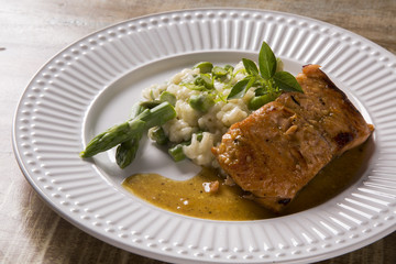 Asparagus risotto with grilled salmon