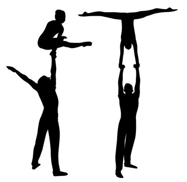 Gymnasts acrobats vector black silhouette on black background. Gymnasts acrobats vector 
