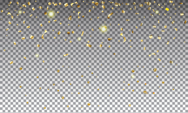 Gold confetti, sparkles isolated on transparent background. Holiday festive design template. Gold foil texture. Vector illustration