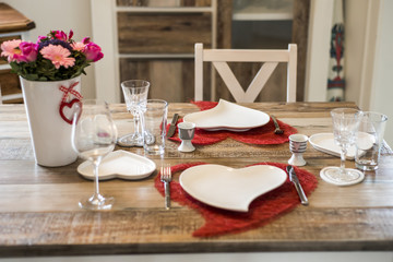Valentines day dinner setting romantic love for two wooden table red heart shape Copy space