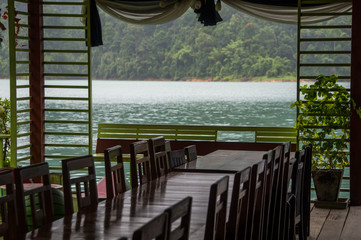 Tables and chairs overlooking the lake