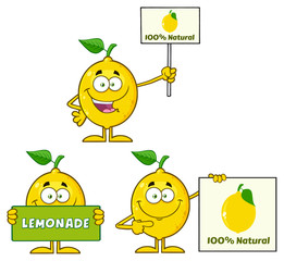 Yellow Lemon Fresh Fruit With Green Leaf Cartoon Mascot Character 3. Set Collection Isolated On White Background