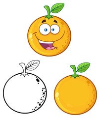 Orange Fresh Fruit With Green Leaf Cartoon Drawing 3. Collection Isolated On White Background