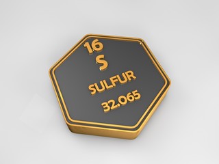 Sulfur - S - chemical element periodic table hexagonal shape 3d illustration