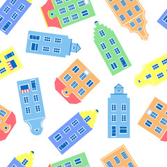 Colorful facade of burgher houses, Vector illustration isolated on white background, Representative of european architectural style, Design mansion, Cartoon style building, Decorative Seamless pattern