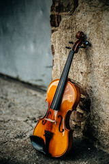 Fototapeta na wymiar beautiful, shiny violin leaning against a stone wall in an alley