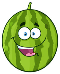 Happy Green Watermelon Fruit Cartoon Mascot Character. Illustration Isolated On White Background
