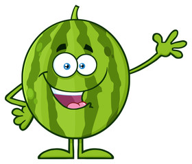 Happy Green Watermelon Fruit Cartoon Mascot Character Waving For Greeting. Illustration Isolated On White Background