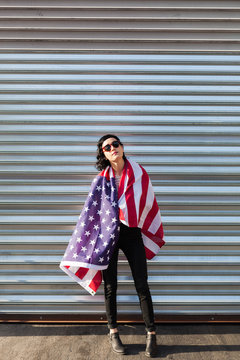 Attractive brunette with the American Flag