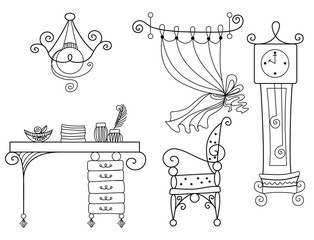 Vector silhouette of hand drawn classy office room with chandelier, desk, chair, curtain and floor grandfather clock on white background, isolated cartoon furniture painted illustration, high quality