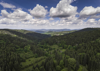 Fototapeta na wymiar Aerial view of the summer time in mountains near Czarna Gora mountain in Poland. Pine tree forest and clouds over blue sky. View from above.