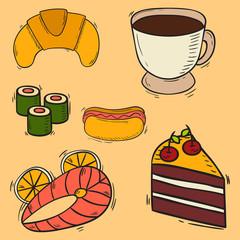Vector icons sweet fast food hand drawn restaurant breakfast cake design kitchen unhealthy dessert