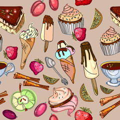 Sweets colorful  seamless pattern. Ice cream, sweets, candies, cakes, tea drinking. Sweet seamless background hand drawn vector