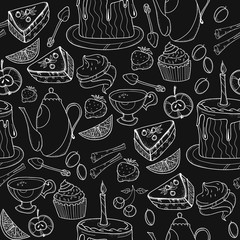 Time for tea and teapot, sweet pastries seamless pattern on black background, tea party hand drawn chalk sketch