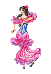 Obraz na płótnie Canvas Spanish flamenco dancer, watercolor illustration on white background.