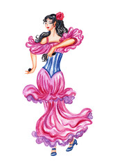 Spanish flamenco dancer, watercolor illustration on white background.