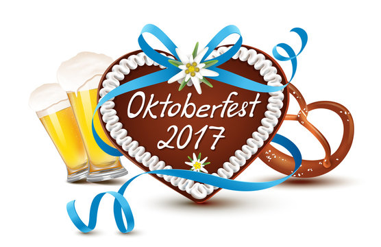 Oktoberfest 2017 - Lebkuchen Herz mit Schriftzug, Schleife, Bier und Brezel