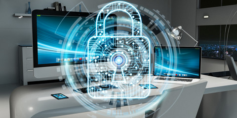 White and digital firewall flying over desktop 3D rendering